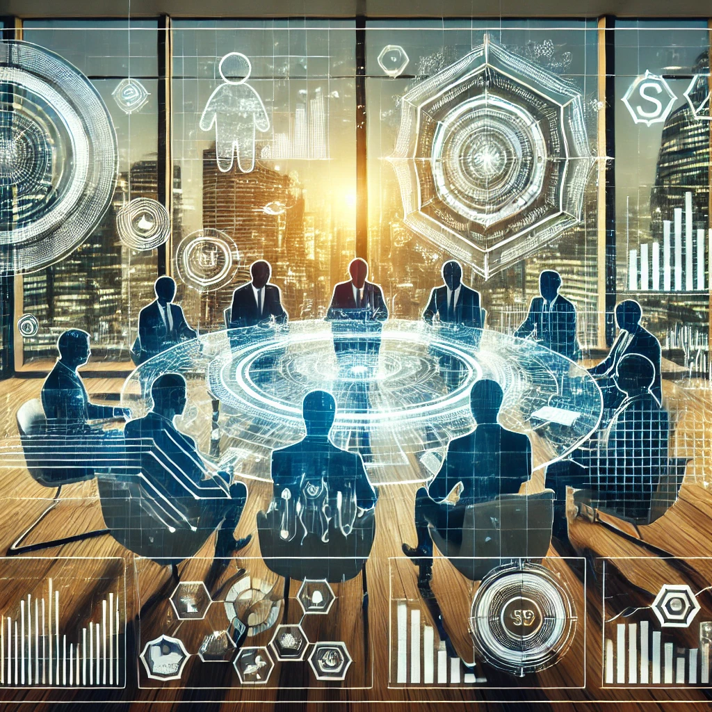 DALL·E 2024-12-18 16.58.41 - An artistic depiction of a futuristic meeting room where a group of professionals discusses financial strategies using holographic tools. The room fea Fintech startups 2025
