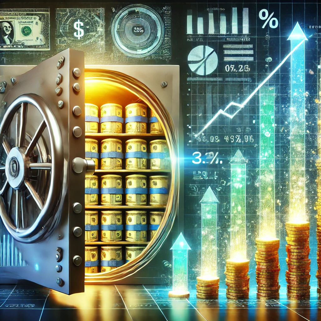 DALL·E 2024-12-20 16.37.18 - A digital art depiction of a secure bank vault filled with glowing stacks of cash and coins, symbolizing high-yield savings accounts. The image includ High-Yield Savings Accounts