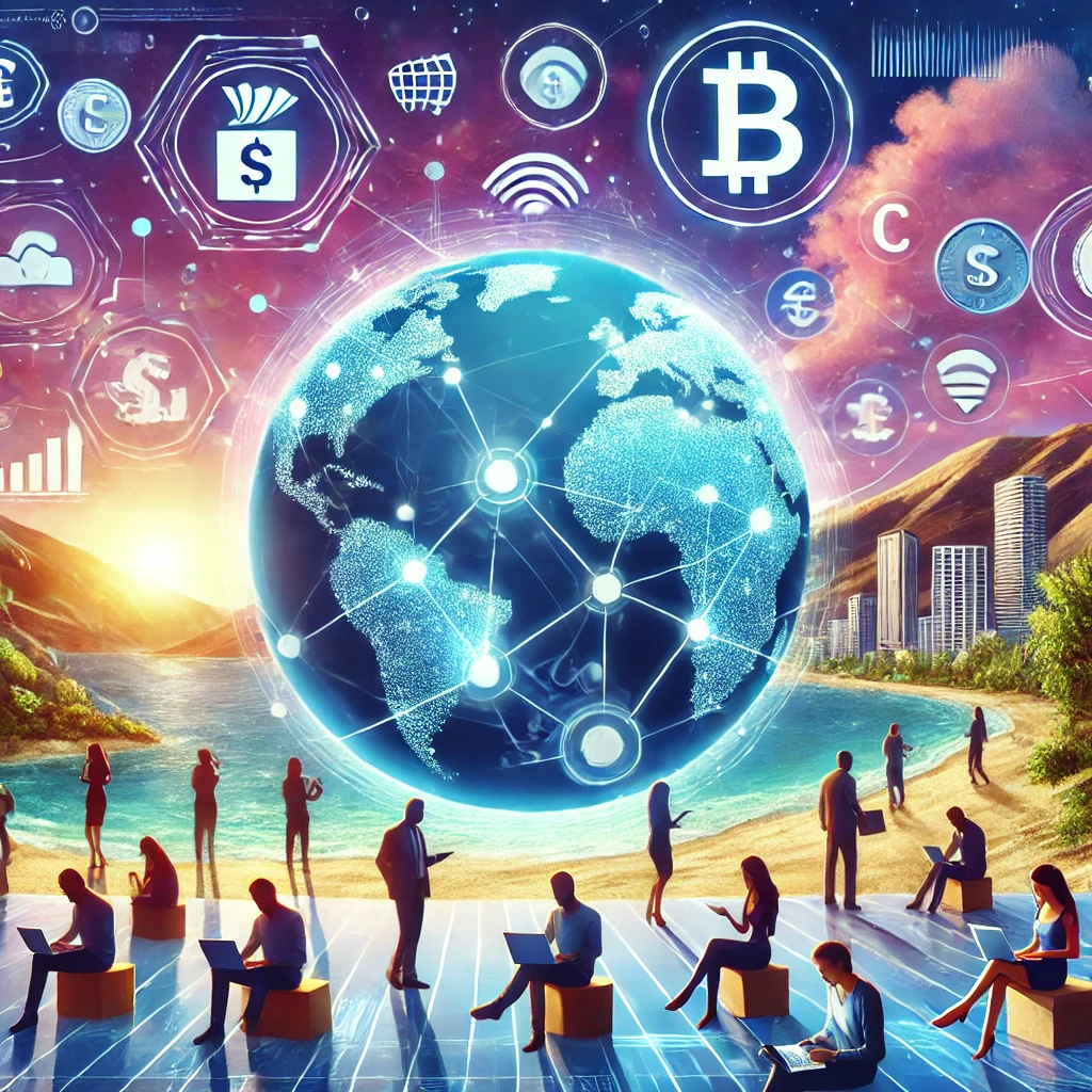DALL·E 2024-12-22 13.52.40 - A vibrant digital illustration featuring a globe with glowing bank icons and digital connections, representing digital nomad banking solutions. The fo banking for digital nomads