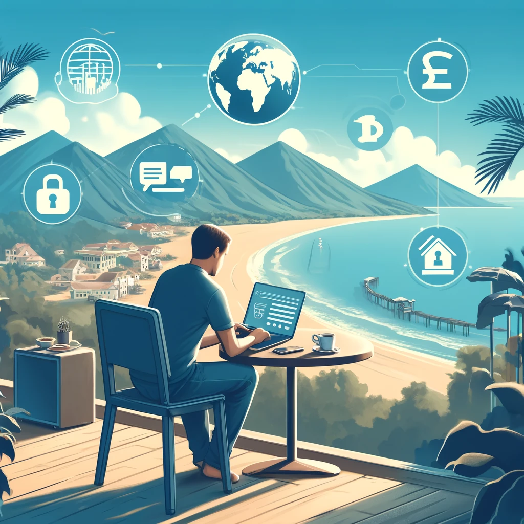 DALL·E 2024-12-22 13.53.08 - An illustration of a remote worker sitting at an outdoor café with a laptop, smartphone, and coffee, overlooking a scenic view of mountains and beache banking for digital nomads
