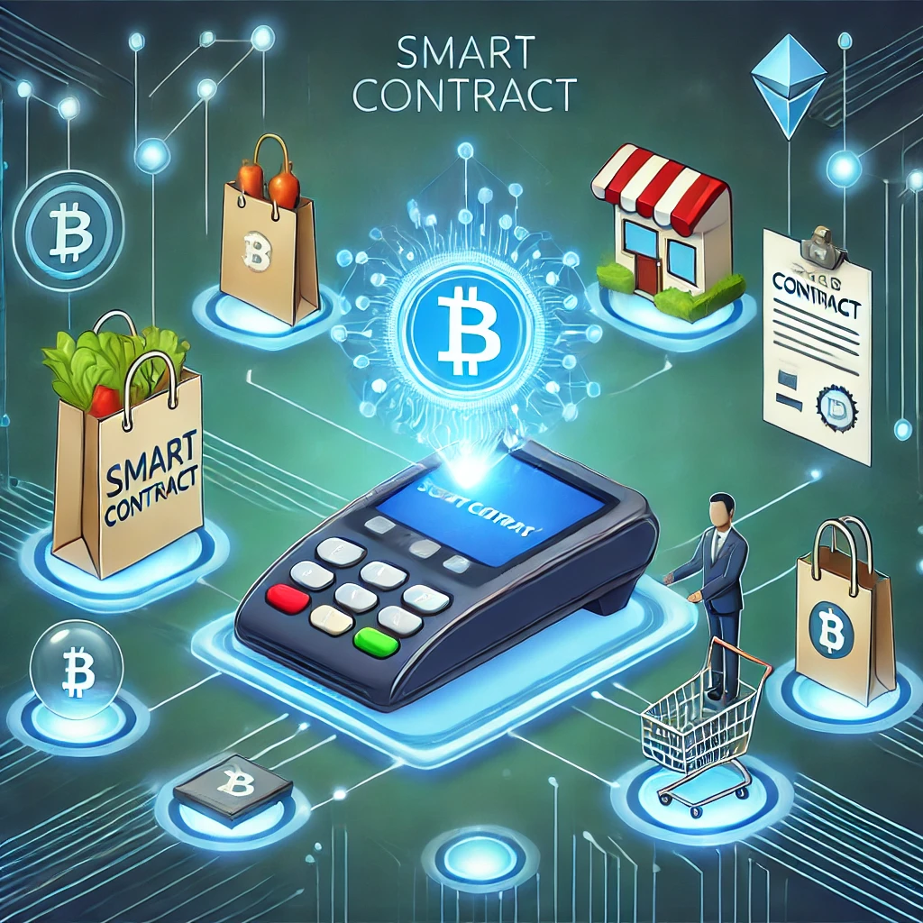 DALL·E 2024-12-28 15.27.33 - An illustration of a futuristic payment terminal with a glowing smart contract displayed on its screen. Surrounding it are symbols of everyday transac Smart contracts explainedBlockchain contracts use casesSecure transaction technology