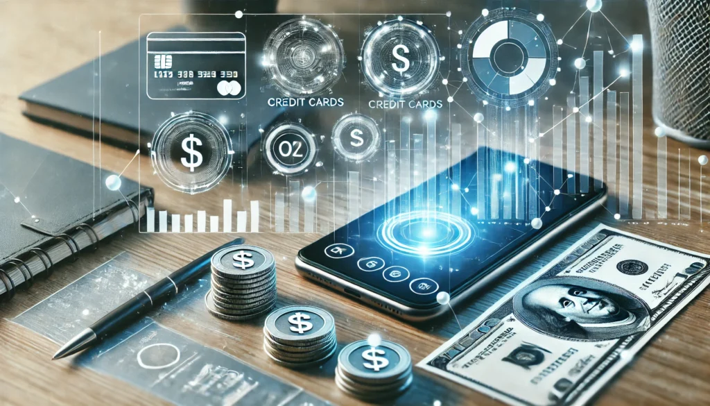 DALL·E 2024-12-29 15.19.44 - A creative depiction of an AI expense tracker with holographic charts and data streams floating around a smartphone on a desk. The scene includes symb AI expense trackersBudgeting with artificial intelligenceSmart budgeting apps