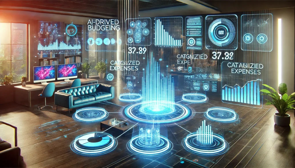 DALL·E 2024-12-29 15.19.48 - A futuristic landscape featuring an AI-driven budgeting app interface projected as a hologram. The scene includes multiple dynamic graphs, categorized AI expense trackersBudgeting with artificial intelligenceSmart budgeting apps