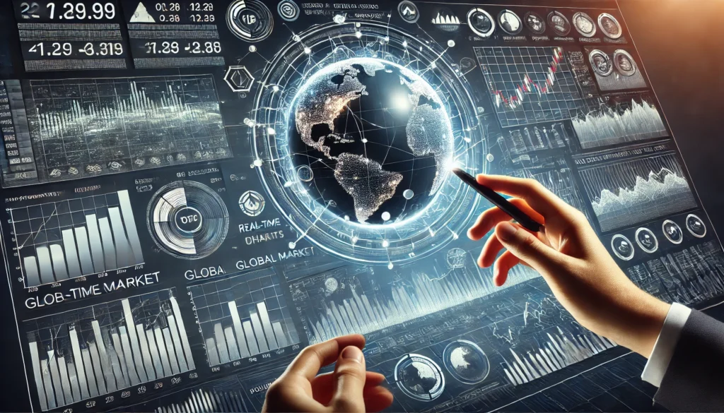 DALL·E 2025-01-02 12.04.22 - An illustration of a futuristic stock market analysis interface, showing real-time data streams, candlestick charts, and global market connections. Th Stock market tracking toolsTop investing appsMarket analysis platforms