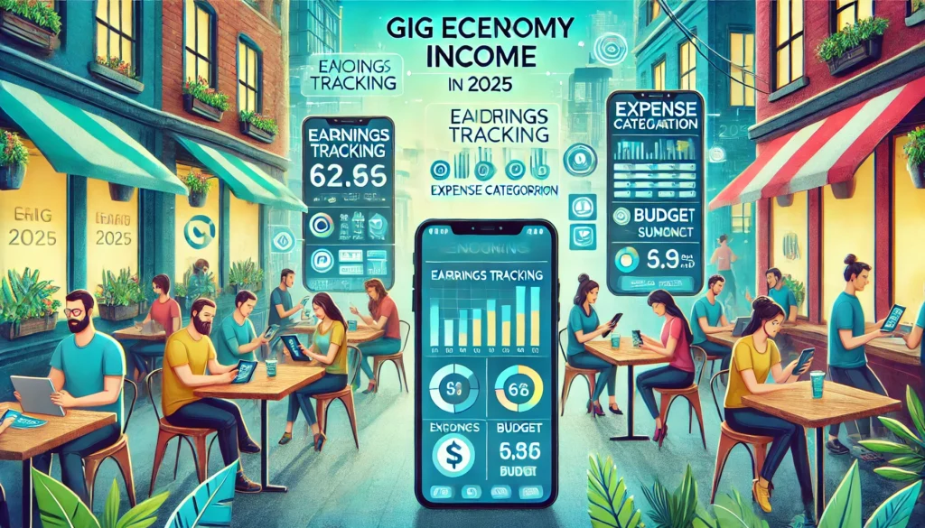 DALL·E 2025-01-07 11.46.32 - A creative illustration showcasing gig economy income apps in 2025. The scene features multiple devices like tablets and smartphones displaying colorf gig economy income tools, freelance finance apps, money management for gig workers