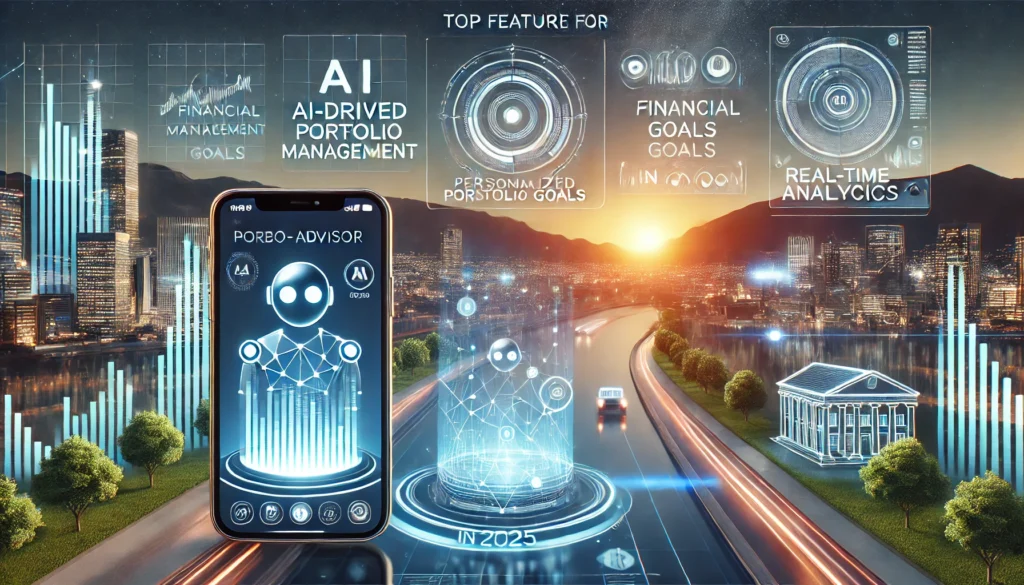 DALL·E 2025-01-17 16.09.32 - A sleek and futuristic landscape illustration showcasing the top features to look for in a robo-advisor in 2025. The image features a smartphone and t robo-advisor featuresbest investment advisorsautomated portfolio tools