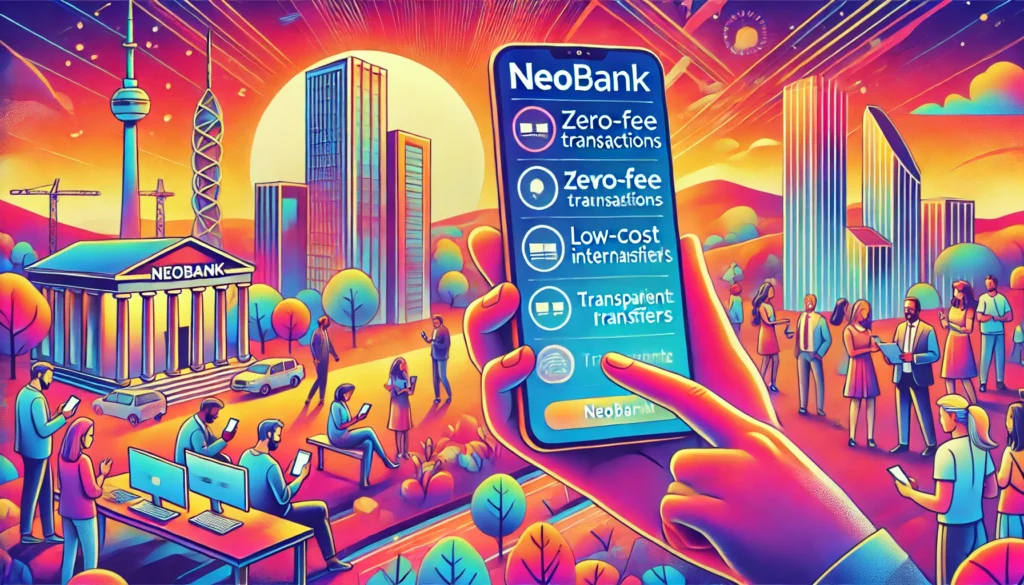 DALL·E 2025-01-18 16.49.58 - A vibrant landscape illustration showing how neobanks are reducing banking fees for consumers. The image features a smartphone displaying a neobank ap neobank advantages, no-fee banking, digital banks for savings.