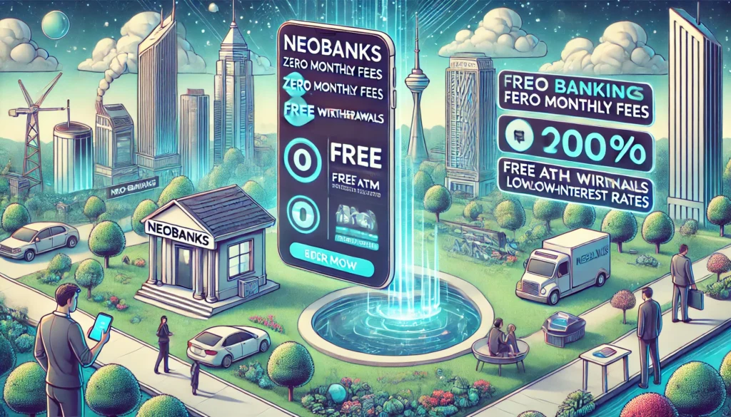 DALL·E 2025-01-18 16.50.03 - A detailed and modern landscape illustration depicting how neobanks are reducing banking fees for consumers. The scene includes a user-friendly app in AI in digital bankingneobank AI toolsfintech AI trends