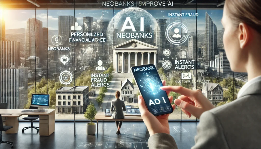 DALL·E 2025-01-20 21.36.59 - A highly detailed and realistic landscape image depicting how neobanks use AI to improve customer experience. The scene shows a professional interacti AI in digital bankingneobank AI toolsfintech AI trends
