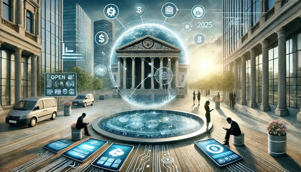 DALL·E 2025-01-25 12.31.02 - A highly realistic and professional landscape image representing the concept of Open Banking in 2025. The scene includes a seamless integration of tec open banking benefitsopen banking explainedopen banking for small businesses