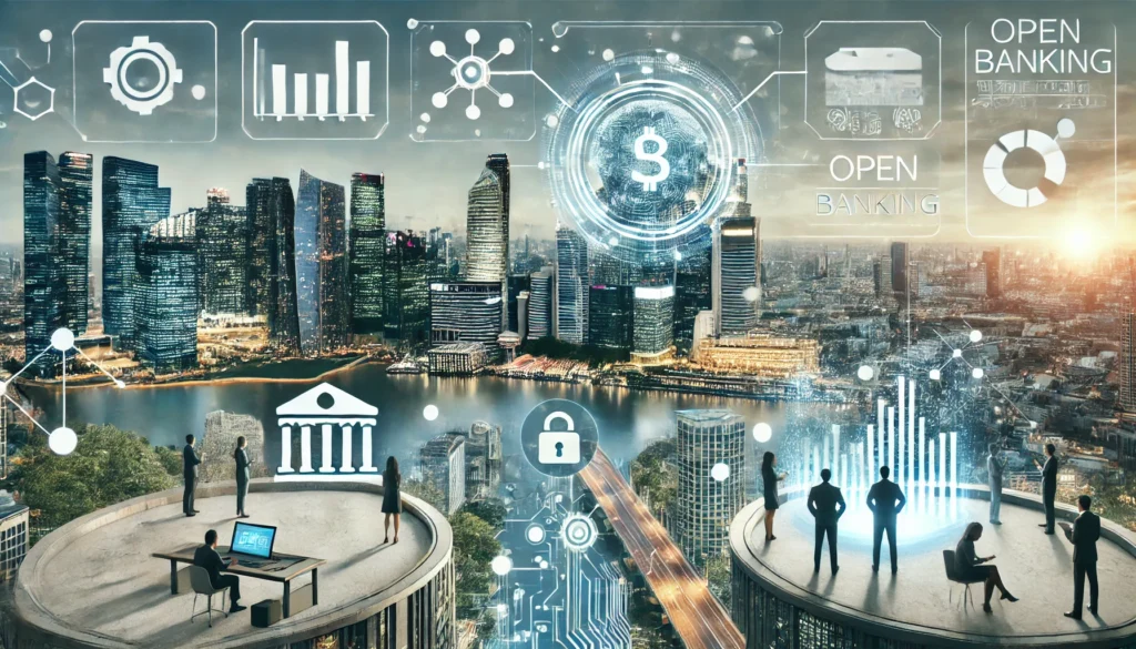 DALL·E 2025-01-25 12.31.07 - A high-quality and realistic landscape image depicting the futuristic world of Open Banking in 2025. The visual features a bustling, modern cityscape open banking benefitsopen banking explainedopen banking for small businesses