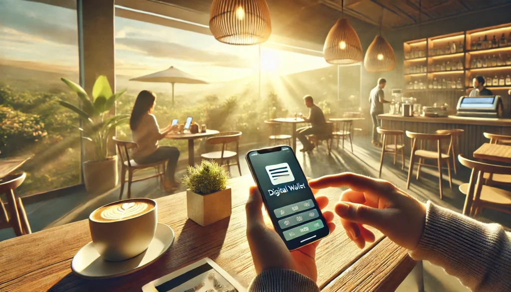 DALL·E 2025-01-29 12.00.16 - A realistic, high-quality landscape image depicting the everyday use of digital wallets in transactions. The scene features a person using a smartphon best digital walletsmobile wallets for paymentsbenefits of e-wallets