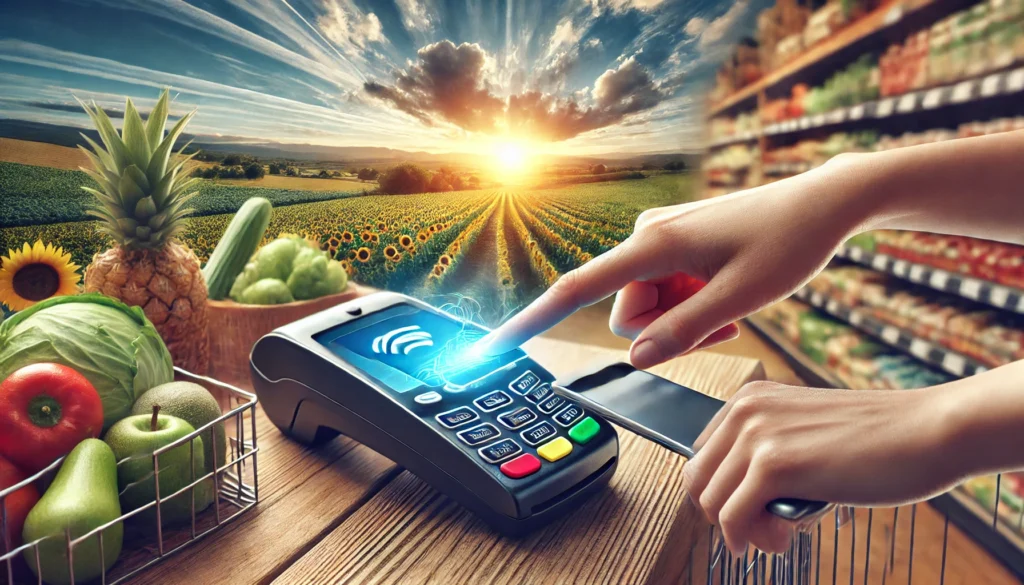 DALL·E 2025-01-29 12.00.18 - A highly realistic and natural landscape image of a digital wallet transaction. A person is tapping their smartphone to pay at a grocery store checkou best digital walletsmobile wallets for paymentsbenefits of e-wallets