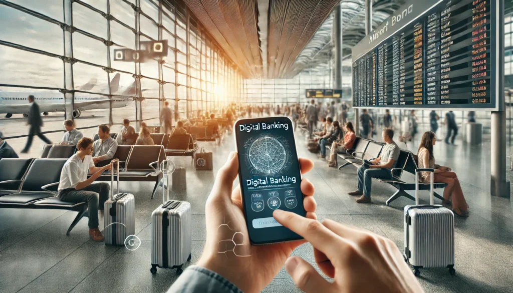 DALL·E 2025-01-30 17.50.52 - A realistic, high-quality landscape image depicting a traveler using a digital banking app on their smartphone in an airport lounge. The scene include travel-friendly digital banks, no-foreign-fee banks, neobank travel perks.