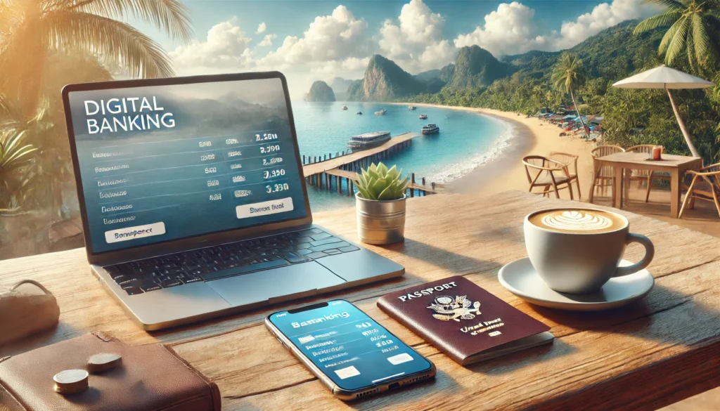 DALL·E 2025-01-30 17.50.56 - A realistic, high-quality landscape image of a traveler sitting at a beachside café using a digital banking app on a smartphone. The scene includes a travel-friendly digital banks, no-foreign-fee banks, neobank travel perks.