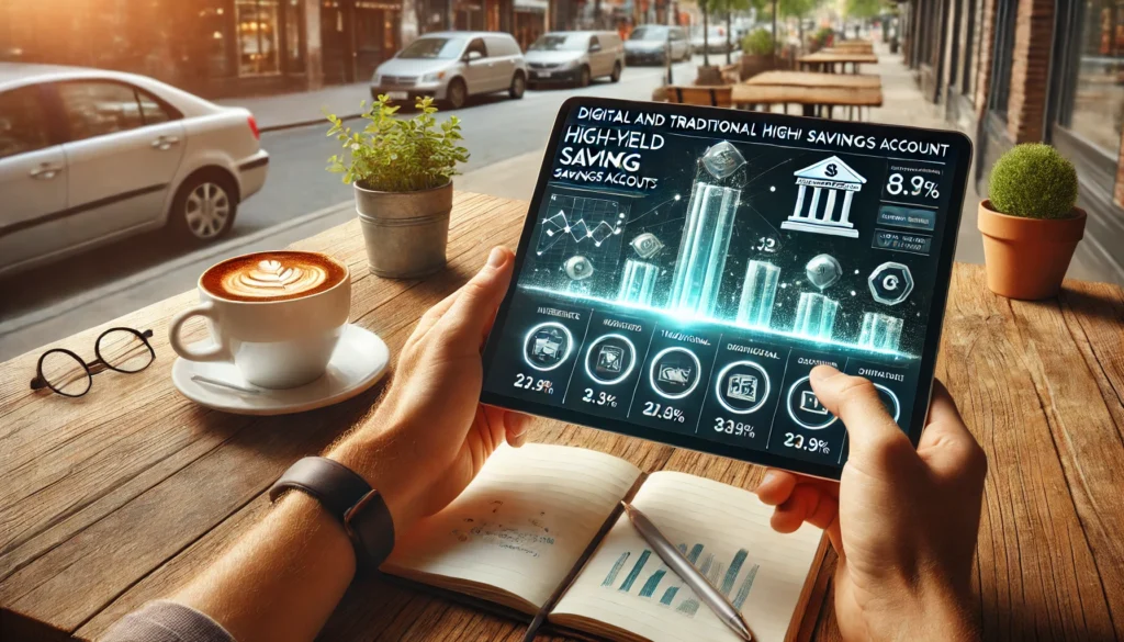 DALL·E 2025-02-01 16.22.33 - A realistic, high-quality landscape image showing a person sitting at a coffee shop table, comparing digital and traditional high-yield savings accoun best high-yield savings accounts, neobank vs. traditional bank savings, digital bank interest rates
