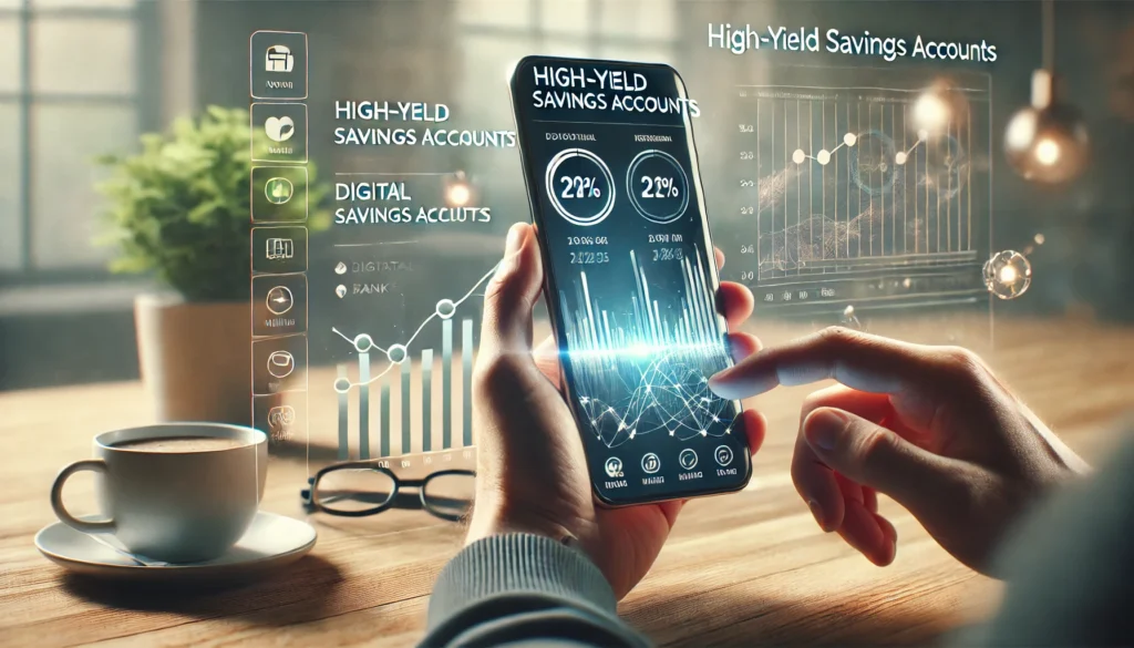 DALL·E 2025-02-01 16.22.34 - A realistic, high-quality landscape image of a person using a smartphone banking app to compare high-yield savings accounts from digital and tradition best high-yield savings accounts, neobank vs. traditional bank savings, digital bank interest rates