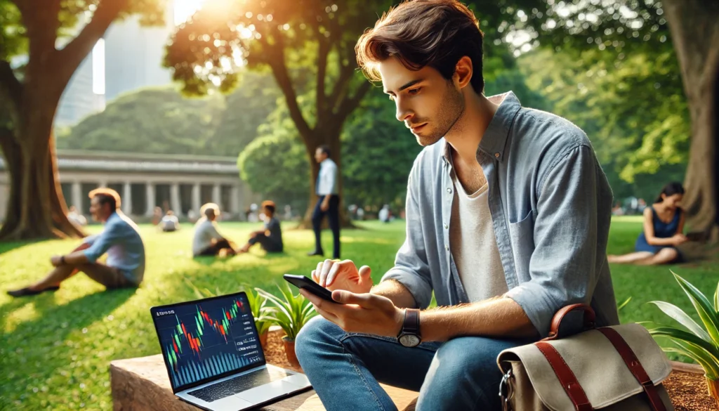 DALL·E 2025-02-05 17.49.17 - A realistic, high-quality landscape image of a young professional sitting in a park, using a fintech investment app on their smartphone. The individua beginner investing apps, fintech for new investors, robo-advisors for passive income.