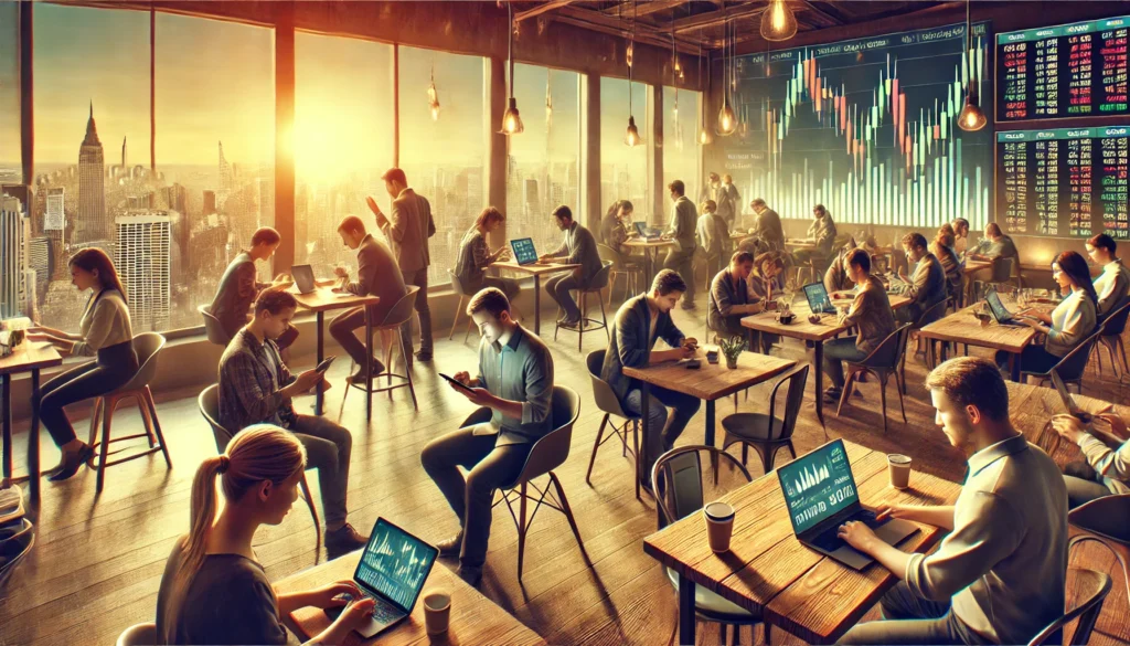 DALL·E 2025-02-05 17.51.04 - A realistic, high-quality landscape image depicting beginners using fintech investment apps. The scene shows a diverse group of people in a modern caf beginner investing apps, fintech for new investors, robo-advisors for passive income.