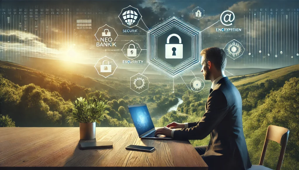 DALL·E 2025-02-07 15.17.44 - A realistic, high-quality landscape image depicting a secure digital banking environment. The scene features a professional setting with a person secu Is neobanking safeDigital banking regulations 2025Fintech consumer protections