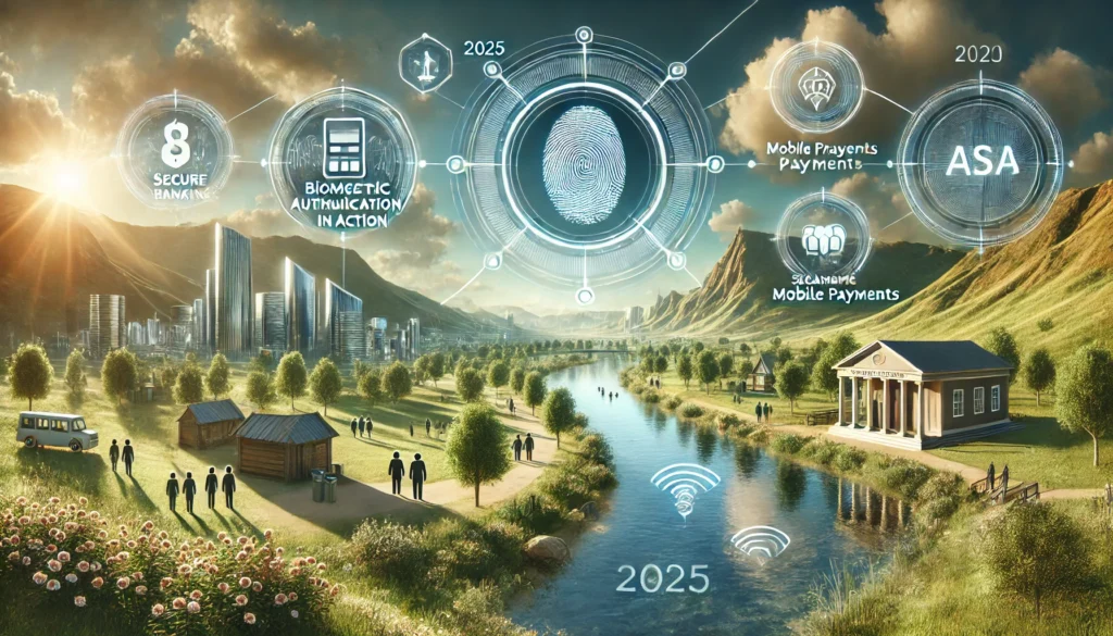 DALL·E 2025-02-13 16.17.00 - A realistic, high-quality landscape image depicting key banking features in 2025. The scene includes a secure digital banking platform, biometric auth Must-have digital banking featuresBest neobank features 2025Essential banking tools