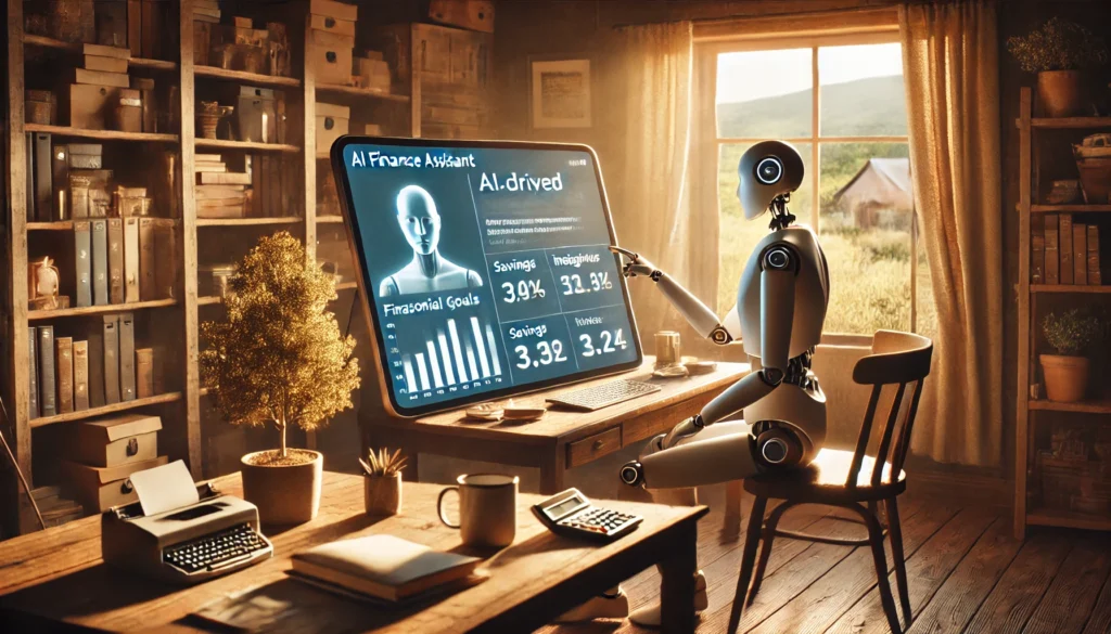 DALL·E 2025-02-18 22.20.39 - A highly realistic, high-quality landscape image showing AI assisting with personal finance. The setting is a cozy home office where a person is revie AI personal financeAI budgeting appsBest AI financial assistantsAI investment tools