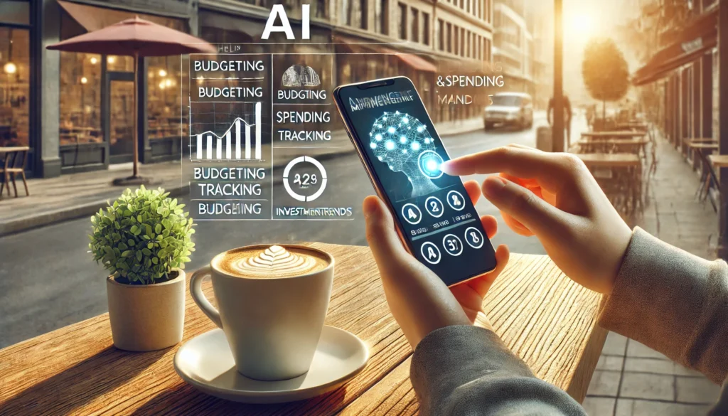 DALL·E 2025-02-18 22.20.41 - A highly realistic, high-quality landscape image illustrating AI helping with personal money management. The scene features a modern coffee shop where AI personal financeAI budgeting appsBest AI financial assistantsAI investment tools