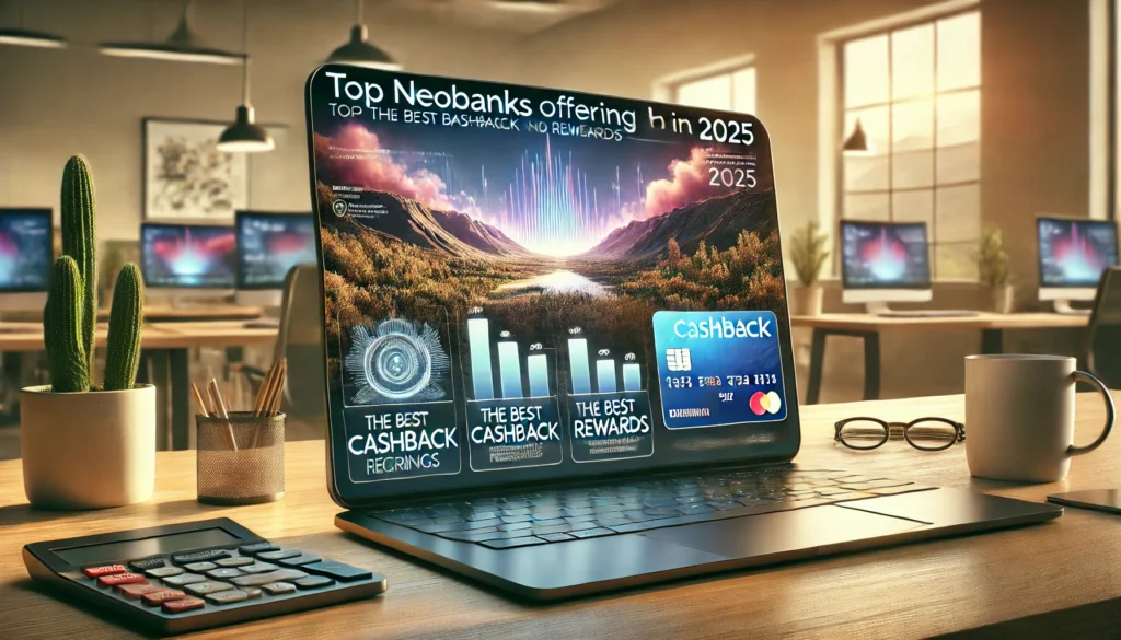 DALL·E 2025-02-20 17.35.29 - A highly realistic, high-quality landscape image illustrating the concept of top neobanks offering the best cashback and rewards in 2025. The scene sh Best neobank rewardsCashback digital banksFintech banking perks 2025