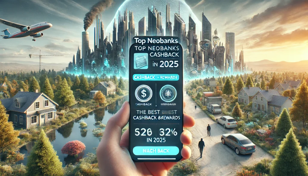 DALL·E 2025-02-20 17.35.35 - A highly realistic, high-quality landscape image representing top neobanks offering the best cashback and rewards in 2025. The scene highlights a digi Best neobank rewardsCashback digital banksFintech banking perks 2025
