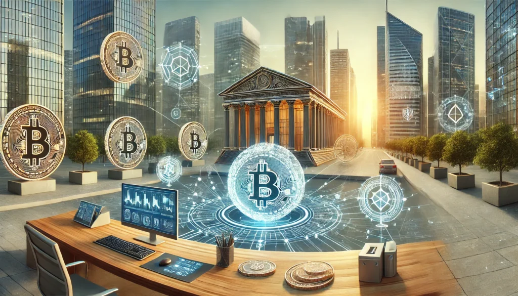 DALL·E 2025-02-22 17.10.38 - A highly realistic, high-quality landscape image illustrating the concept of cryptocurrency-friendly digital banks in 2025. The scene features a profe Banks that support crypto Neobank crypto-friendly Best crypto banking services