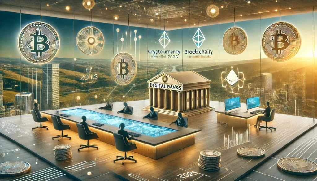 DALL·E 2025-02-22 17.10.40 - A highly realistic, high-quality landscape image illustrating the concept of cryptocurrency-friendly digital banks in 2025. The scene features a profe Banks that support cryptoNeobank crypto-friendlyBest crypto banking services