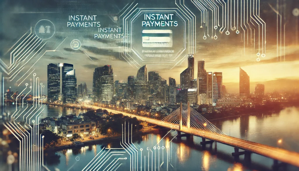 DALL·E 2025-02-24 16.33.14 - A highly realistic, high-quality landscape image illustrating the concept of instant payments and real-time banking. The scene includes a modern city Real-time payments 2025Instant bank transfersFintech RTP solutions
