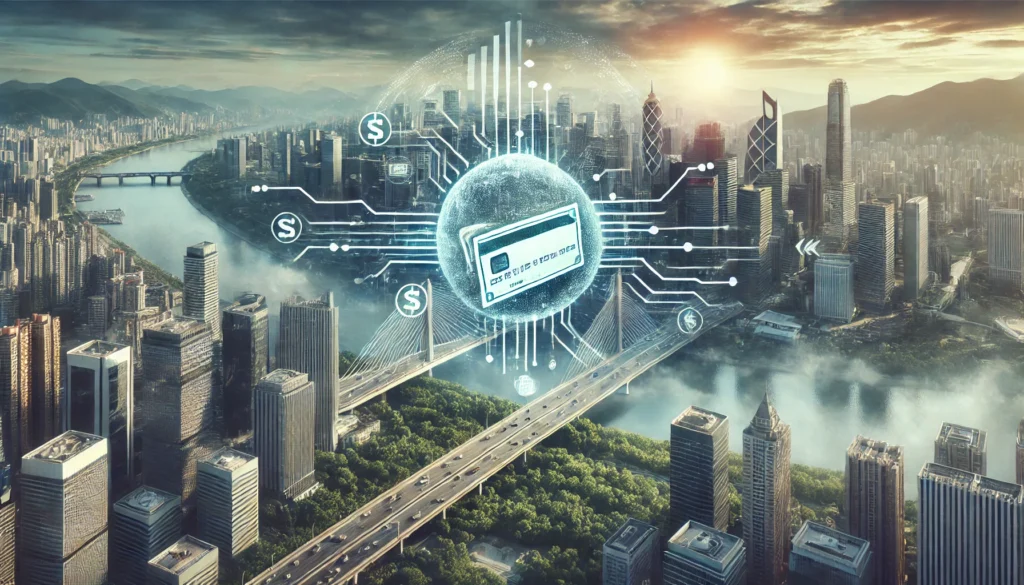 DALL·E 2025-02-24 16.33.16 - A highly realistic, high-quality landscape image representing real-time banking and fast transactions. The image includes a natural cityscape with a d Real-time payments 2025Instant bank transfersFintech RTP solutions