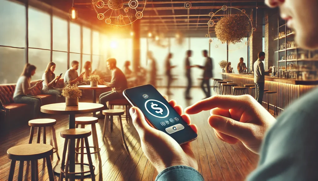 DALL·E 2025-02-27 17.23.12 - A highly realistic, high-quality landscape image depicting a person using a digital banking app on their smartphone in a modern cafe. The environment Best neobanks 2025Top digital banksNeobank comparison