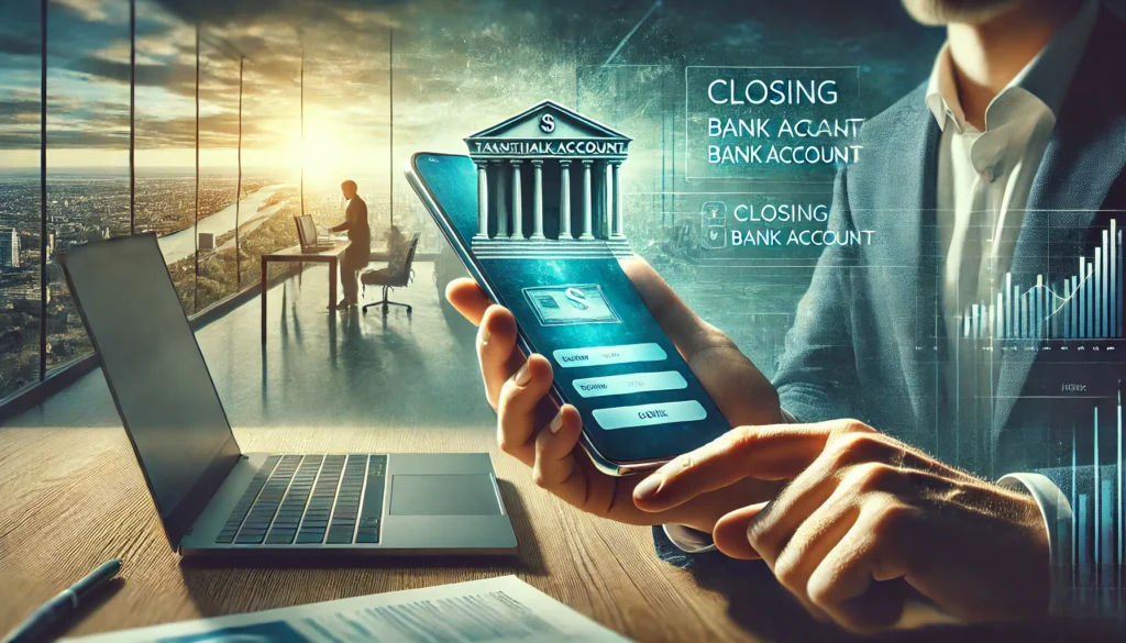 DALL·E 2025-02-28 17.03.36 - A highly realistic, high-quality landscape image depicting a person using a smartphone banking app while closing a traditional bank account. The scene How to switch to a neobankDigital banking transitionMove money to a digital bank