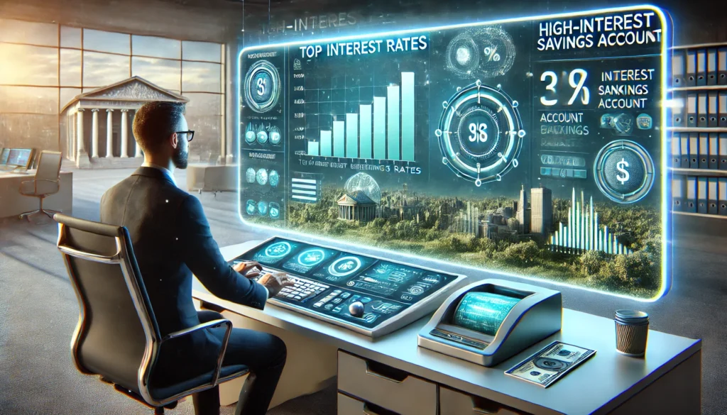 DALL·E 2025-03-05 17.27.29 - A highly realistic, high-quality landscape image showing a futuristic yet approachable digital banking environment with high-interest savings account Best neobank savings accountsHigh-yield digital banksBest fintech banks for savings