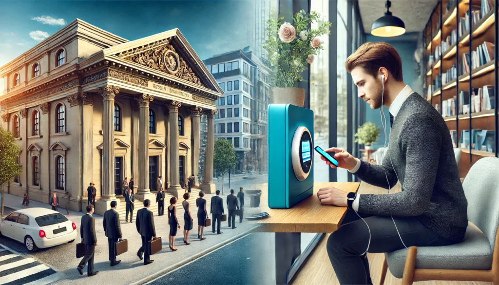 DALL·E 2025-03-07 18.03.18 - A highly realistic, high-quality landscape image comparing traditional banking with neobanking. On the left side, a classic bank building with grand a Neobank vs traditional bankBest online-only banksDigital banks vs brick-and-mortar banks