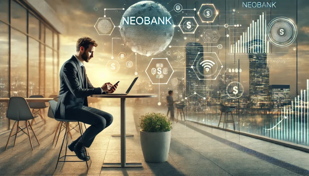 DALL·E 2025-03-07 18.03.20 - A highly realistic, high-quality landscape image depicting a modern digital banking environment. The image showcases a young professional using a slee Neobank vs traditional bankBest online-only banksDigital banks vs brick-and-mortar banks