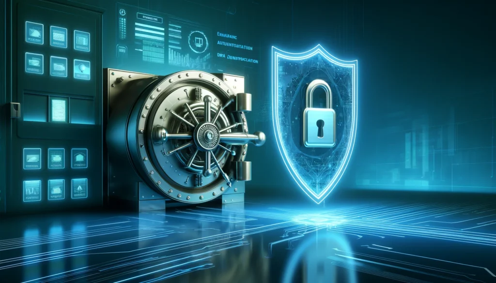 DALL·E 2025-03-10 00.50.28 - A highly realistic, high-quality landscape image symbolizing robust online banking security. The image features a digital vault with a glowing securit Digital bank securityNeobank fraud protectionSafest online banks