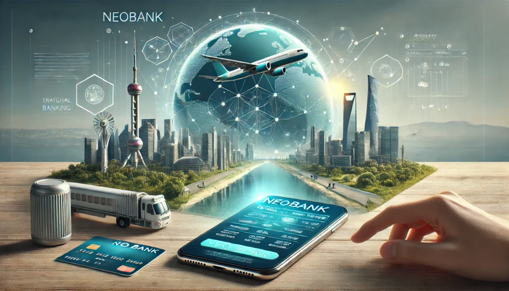DALL·E 2025-03-11 22.28.46 - A highly realistic, high-quality landscape image representing a neobank designed for travelers. The image features a modern digital banking interface Best neobank for travelTravel-friendly digital banksInternational money transfers fintech