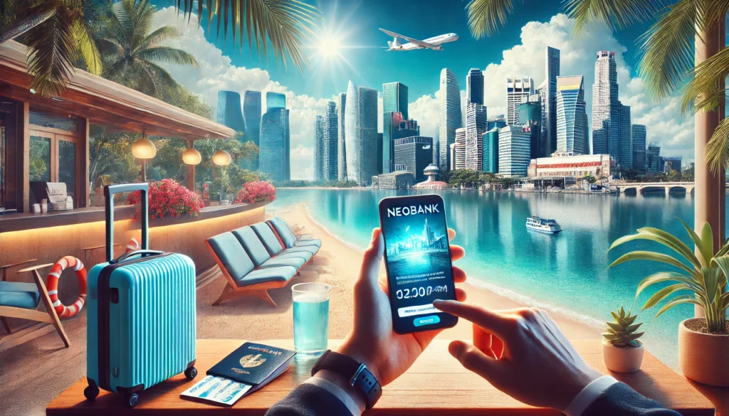 DALL·E 2025-03-11 22.28.53 - A highly realistic, high-quality landscape image depicting a traveler using a neobank app on a smartphone while at an exotic destination. The backgrou Best neobank for travelTravel-friendly digital banksInternational money transfers fintech