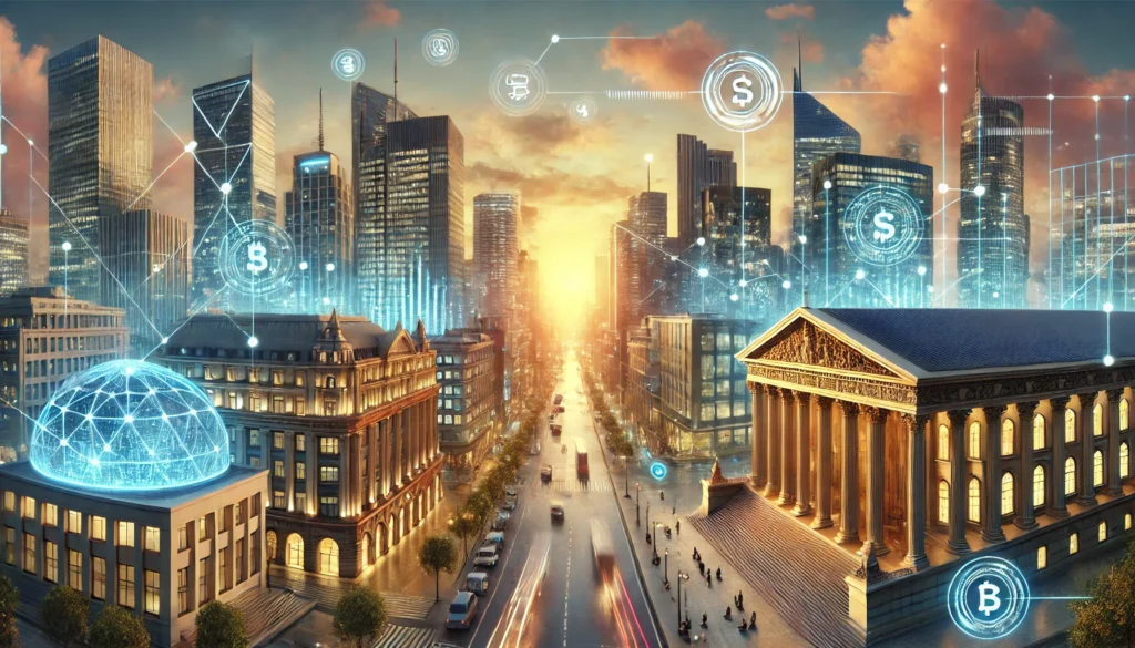 DALL·E 2025-03-13 16.07.29 - A highly realistic, high-quality digital painting of a modern city skyline with a seamless blend of traditional bank buildings and futuristic digital Switch to digital bankNeobank account setupMove money to fintech bank