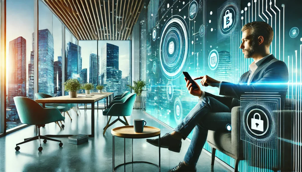 DALL·E 2025-03-13 16.08.45 - A highly realistic, high-quality digital painting of a modern digital banking concept. A person seamlessly using a banking app on their smartphone whi Switch to digital bankNeobank account setupMove money to fintech bank