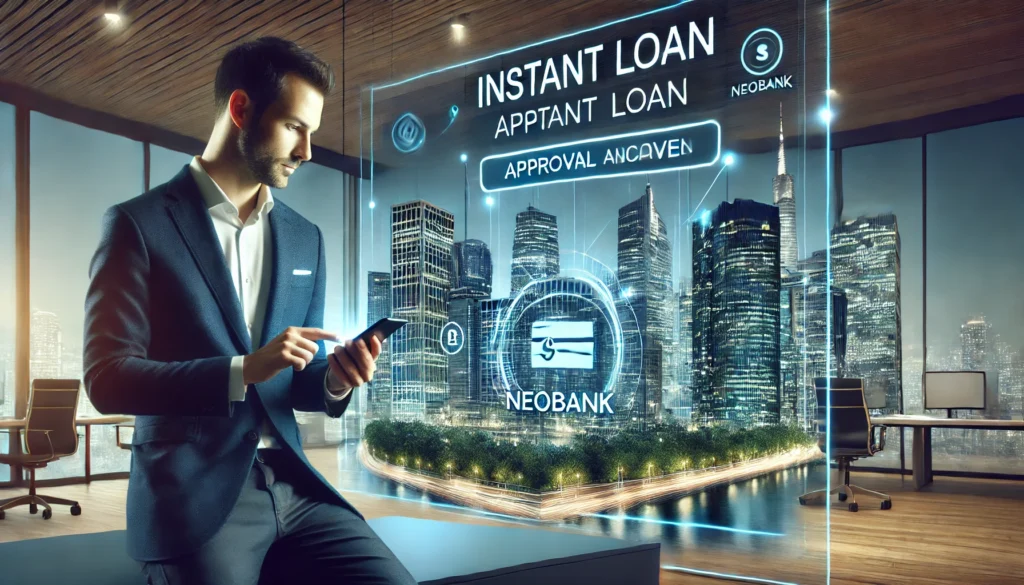 DALL·E 2025-03-15 20.23.07 - A highly realistic, high-quality landscape digital painting of a modern financial hub featuring a neobank's instant loan services. The image shows a p Neobank instant loansFintech lending trendsDigital banking credit checks