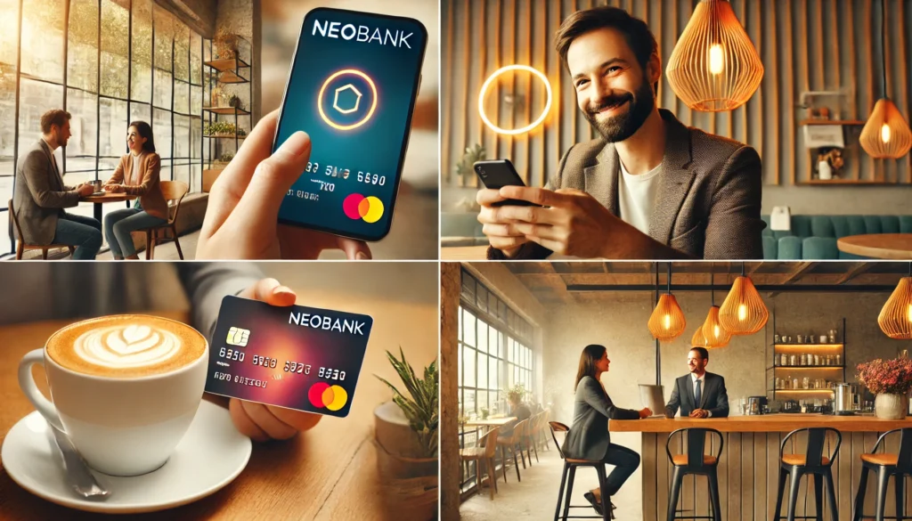 DALL·E 2025-03-16 18.12.04 - 1. A person using a neobank app on their smartphone while sitting in a café, with a credit card and a cup of coffee on the table. The atmosphere is wa Neobank vs credit unionDigital banks compared to credit unionsBest savings options 2025