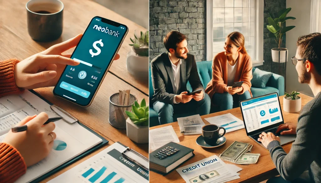 DALL·E 2025-03-16 18.12.24 - 1. A side-by-side comparison of a neobank user checking their savings on a sleek mobile app, while another person is at a traditional credit union, ta Neobank vs credit unionDigital banks compared to credit unionsBest savings options 2025