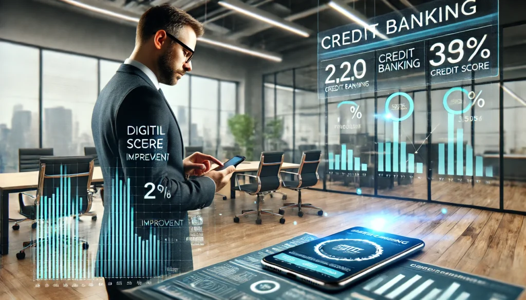 DALL·E 2025-03-21 16.18.50 - A realistic, high-quality wide landscape image depicting a modern financial setting where digital banking is being used to improve credit scores. The Improve credit score with digital bankingNeobank credit-building toolsOnline banking and credit improvement
