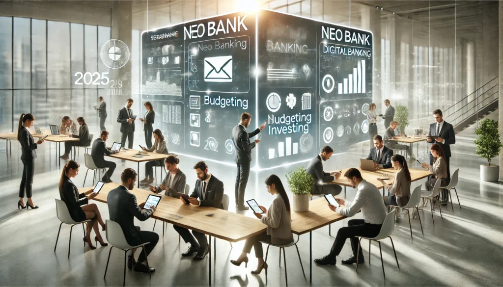DALL·E 2025-03-25 11.45.25 - A highly realistic, high-quality 3_1 landscape image illustrating a seamless neobank experience for 2025. A diverse group of professionals is using ta Best neobanks 2025Innovative digital banking toolsTop neobank features