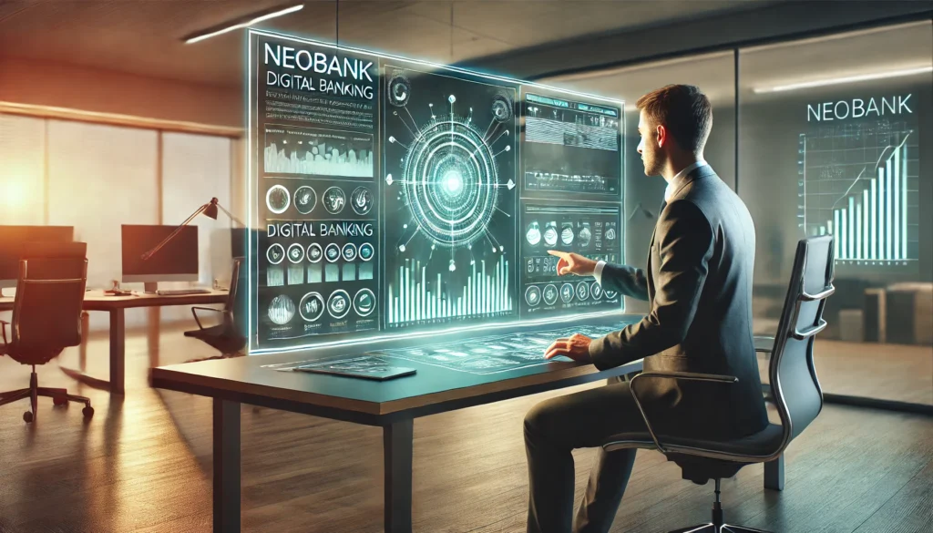 DALL·E 2025-03-25 11.45.27 - A highly realistic, high-quality 3_1 landscape image showcasing a futuristic yet practical neobank office environment. A business professional interac Best neobanks 2025Innovative digital banking toolsTop neobank features