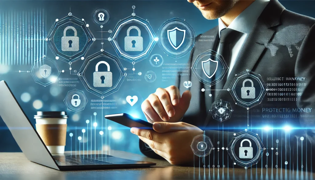 DALL·E 2025-04-06 12.35.17 - Photo-realistic landscape image (3_1 ratio) showing a modern person using digital banking on a secure mobile app, with visual cues of cybersecurity li how secure are online banking appsdigital bank fraud prevention tipsbest practices for safe online banking